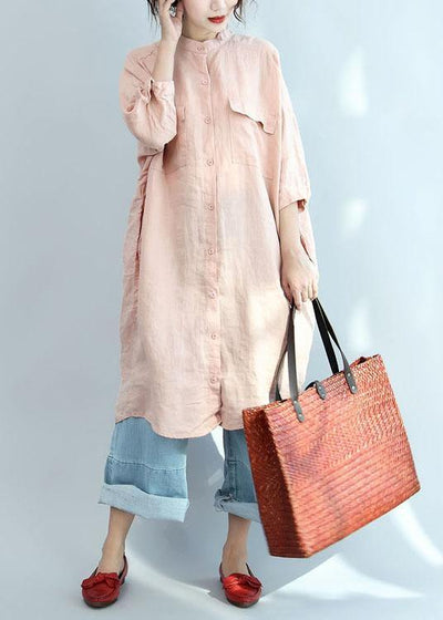 Modern Pink Asymmetrical Design Pockets Button Fall Three Quarter Sleeve Blouse Tops - SooLinen