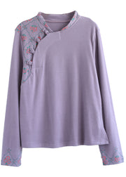 Modern Purple Embroideried Button Floral Fall Cotton Top