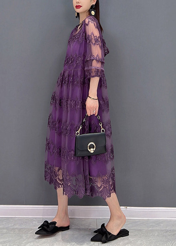 Modern Purple V Neck Embroideried Floral Lace Patchwork Hooded Dress Long Sleeve