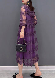 Modern Purple V Neck Embroideried Floral Lace Patchwork Hooded Dress Long Sleeve