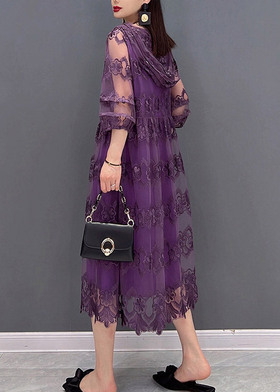 Modern Purple V Neck Embroideried Floral Lace Patchwork Hooded Dress Long Sleeve