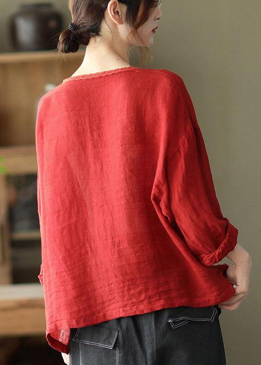 Modern Red Hollow Out Embroideried Pockets Fall Long Sleeve Shirt Tops - SooLinen