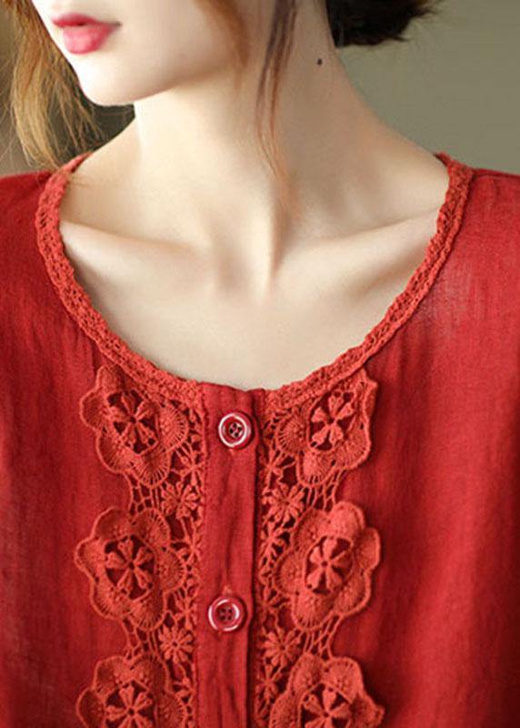 Modern Red Hollow Out Embroideried Pockets Fall Long Sleeve Shirt Tops - SooLinen