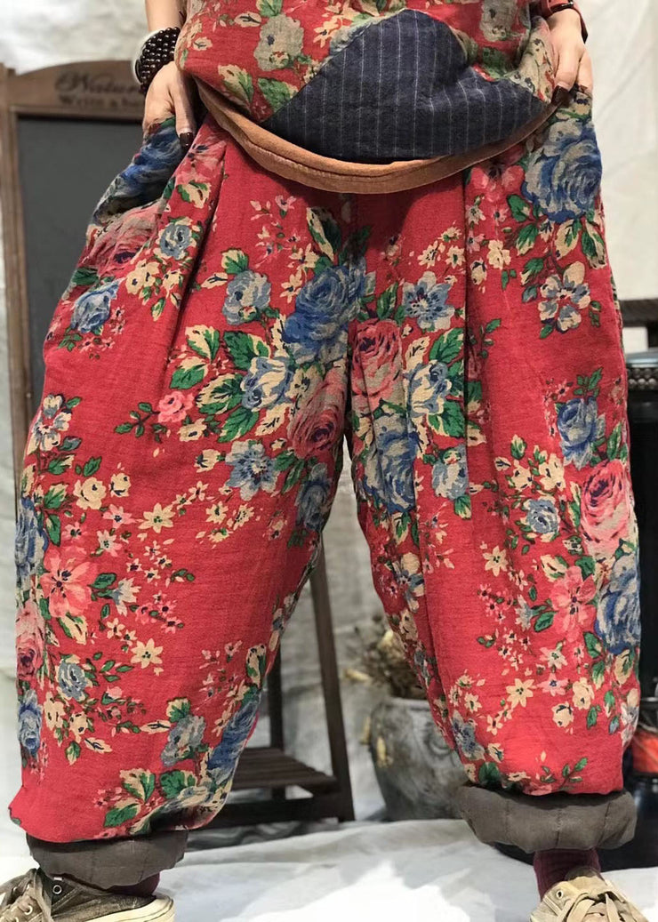 Modern Red Oriental Print Thick Harem Winter Pants