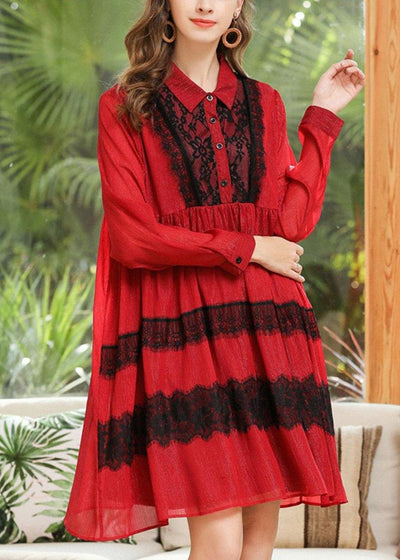 Modern Red Patchwork Peter Pan Collar Chiffon Summer Dresses - SooLinen