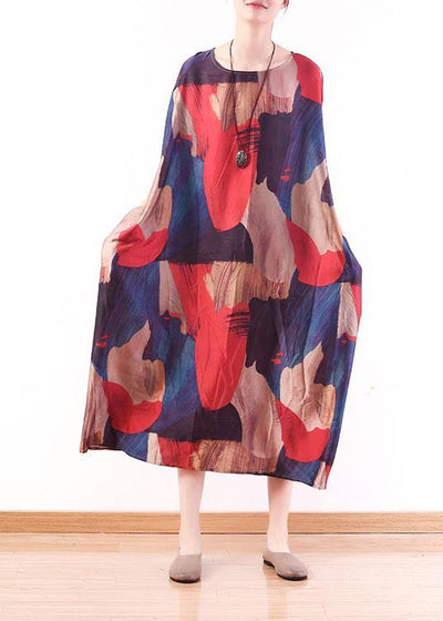 Modern Red Print O-Neck Loose Long Chiffon Dress - SooLinen