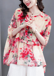 Modern Red Print O-Neck Ruffled Chiffon Tops Half Sleeve