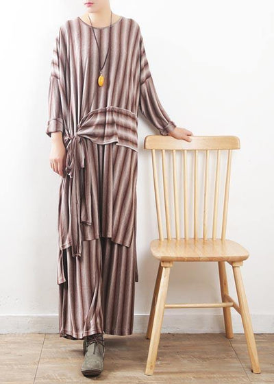 Modern Red Striped Cotton asymmetrical design Summer Two Pieces Set - SooLinen