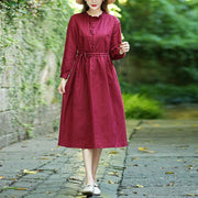 Modern Ruffled drawstring spring Tunics Fabrics red Dress - SooLinen