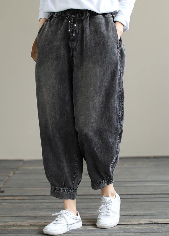 Modern Spring Wide Leg Pants Trendy Plus Size Denim Gray Sewing Elastic Waist Pockets Jeans - SooLinen