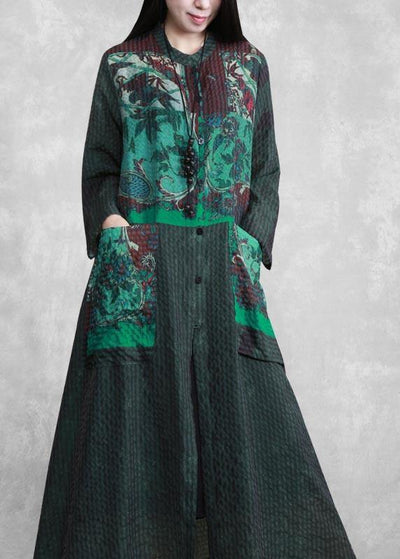 Modern Stand Collar Spring Tunics Sewing Green Print A Line Dress - SooLinen