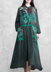 Modern Stand Collar Spring Tunics Sewing Green Print A Line Dress - SooLinen