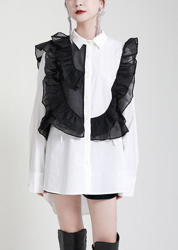 Modern White PeterPan Collar Ruffles Fall Blouses Long sleeve