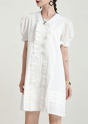 Modern White Puff Sleeve Button Summer Ruffled Dress Short Sleeve - SooLinen