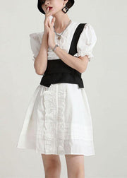 Modern White Puff Sleeve Button Summer Ruffled Dress Short Sleeve - SooLinen