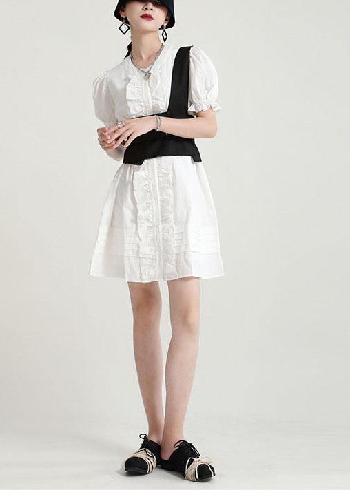 Modern White Puff Sleeve Button Summer Ruffled Dress Short Sleeve - SooLinen