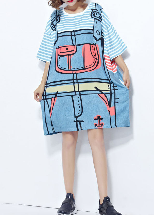 Modern White Striped Print Cotton Fake Two Piece Dresses Short Sleeve