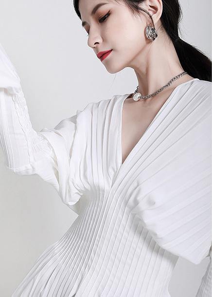 Modern White V Neck flare sleeve Top - SooLinen