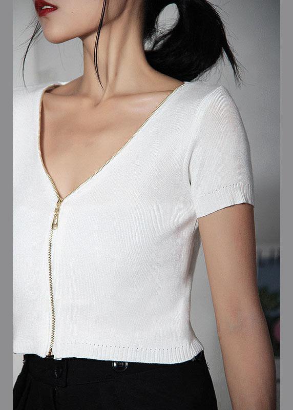 Modern White zippered V Neck Shirt Tops Summer - SooLinen