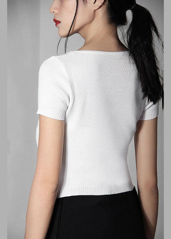 Modern White zippered V Neck Shirt Tops Summer - SooLinen