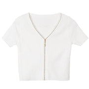 Modern White zippered V Neck Shirt Tops Summer - SooLinen