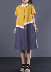 Modern asymmetric patchwork linen clothes Women Neckline yellow POLO collar cotton Dresses summer - SooLinen