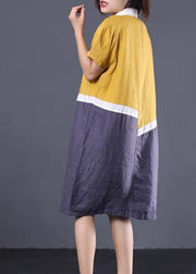 Modern asymmetric patchwork linen clothes Women Neckline yellow POLO collar cotton Dresses summer - SooLinen