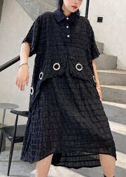 Modern black Cotton Tunic lapel low high design Midi summer Dress - SooLinen