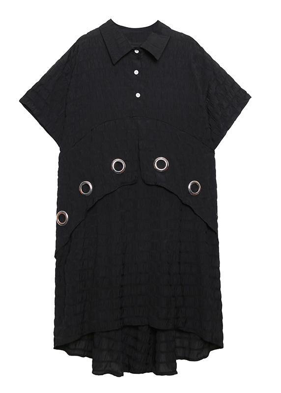 Modern black Cotton Tunic lapel low high design Midi summer Dress - SooLinen