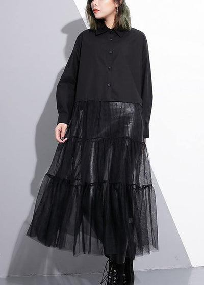 Modern black Cotton patchwork tulle fine Runway lapel false two pieces cotton Summer Dresses - SooLinen