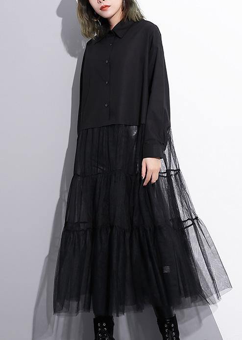 Modern black Cotton patchwork tulle fine Runway lapel false two pieces cotton Summer Dresses - SooLinen