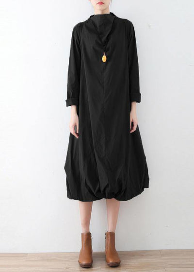 Modern black cotton dresses high neck asymmetric Traveling fall Dress - SooLinen