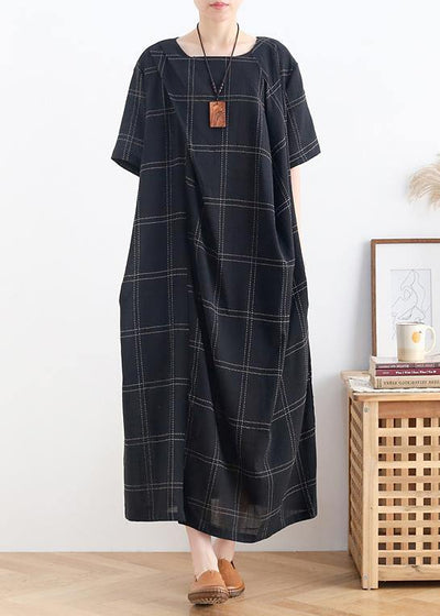 Modern black plaid cotton clothes o neck short sleeve Dresses - SooLinen