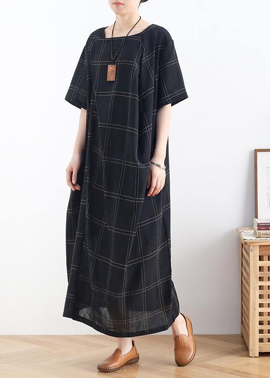 Modern black plaid cotton clothes o neck short sleeve Dresses - SooLinen