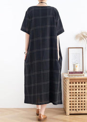 Modern black plaid cotton clothes o neck short sleeve Dresses - SooLinen