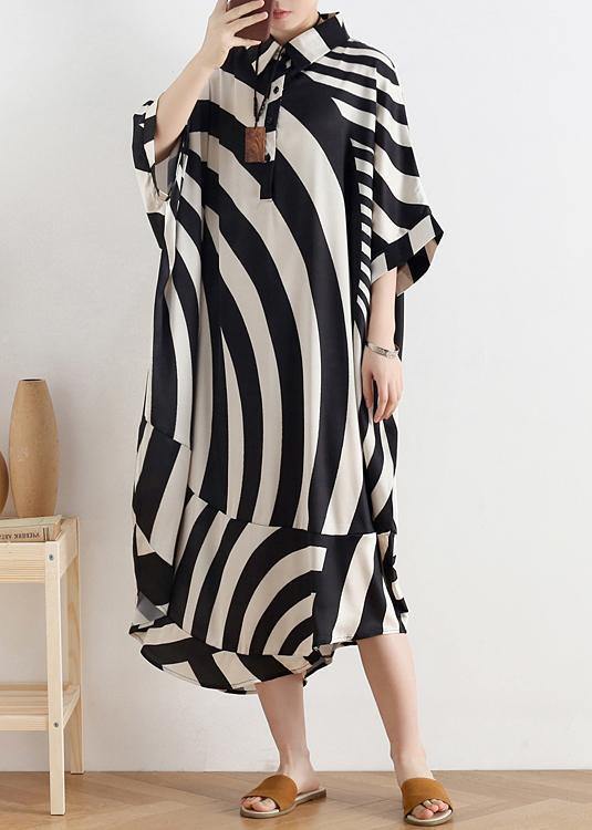 Modern black striped chiffon clothes For Women Fabrics lapel Batwing Sleeve long summer Dresses - SooLinen