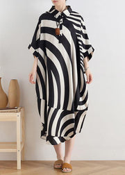 Modern black striped chiffon clothes For Women Fabrics lapel Batwing Sleeve long summer Dresses - SooLinen