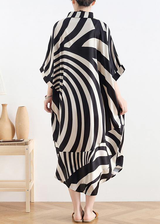 Modern black striped chiffon clothes For Women Fabrics lapel Batwing Sleeve long summer Dresses - SooLinen