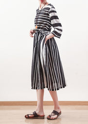 Modern black white striped linen clothes For tie waist cotton summer Dress