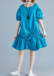 Modern blue Cotton Tunic o neck lantern sleeve oversized Dresses - SooLinen