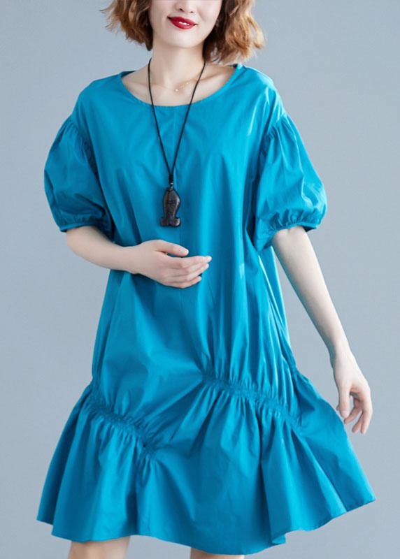 Modern blue Cotton Tunic o neck lantern sleeve oversized Dresses - SooLinen