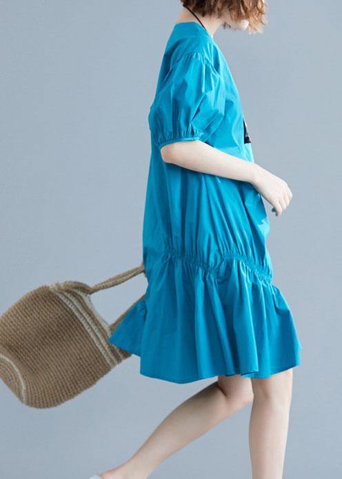 Modern blue Cotton Tunic o neck lantern sleeve oversized Dresses - SooLinen