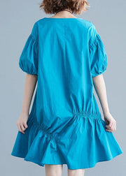 Modern blue Cotton Tunic o neck lantern sleeve oversized Dresses - SooLinen