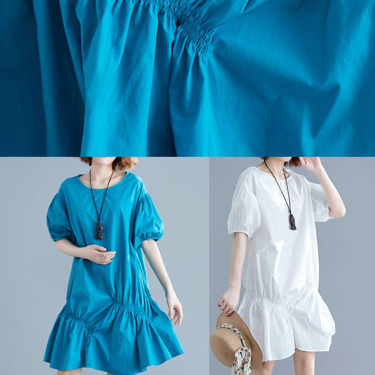 Modern blue Cotton Tunic o neck lantern sleeve oversized Dresses - SooLinen