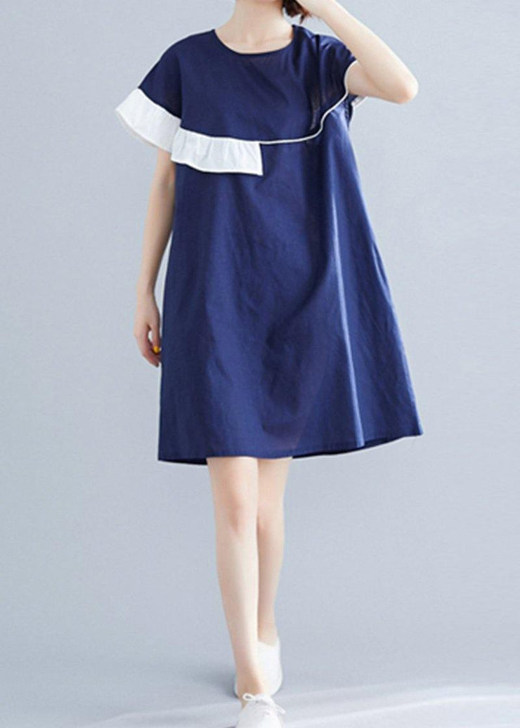 Modern blue Cotton Wardrobes o neck patchwork summer Dress - SooLinen