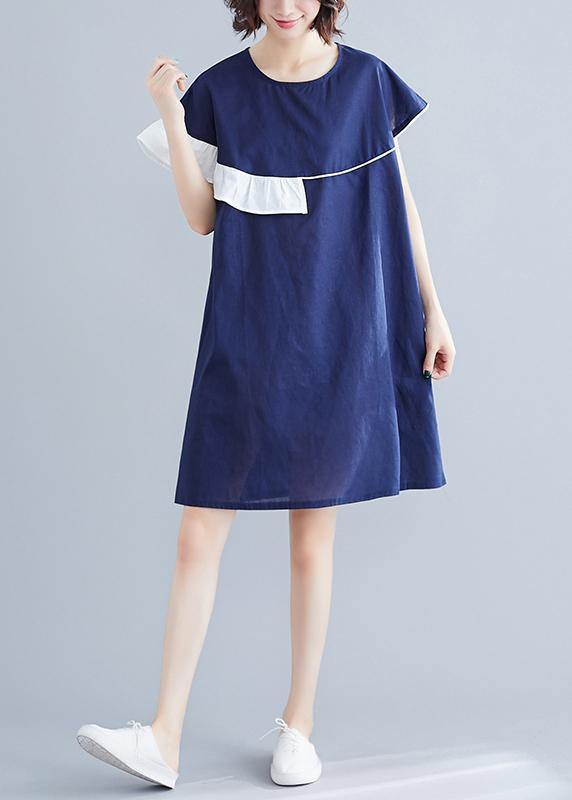 Modern blue Cotton Wardrobes o neck patchwork summer Dress - SooLinen