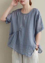 Modern blue cotton linen shirts women Sewing o neck asymmetric summer shirts - SooLinen