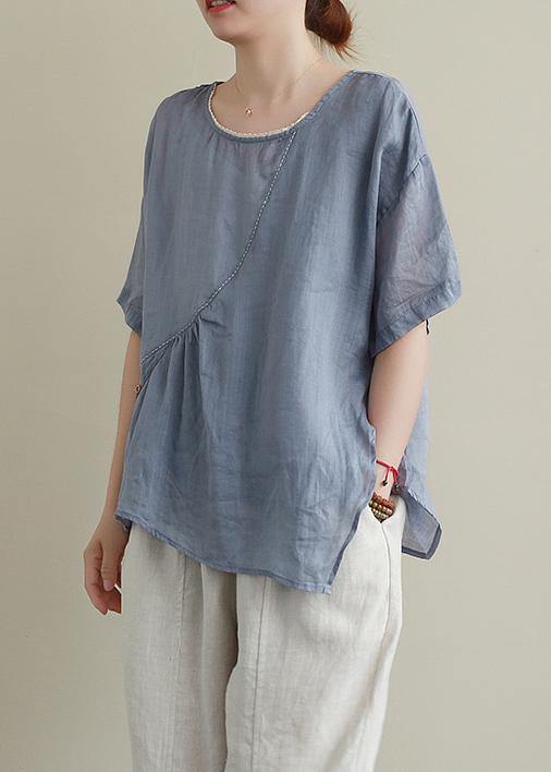 Modern blue cotton linen shirts women Sewing o neck asymmetric summer shirts - SooLinen