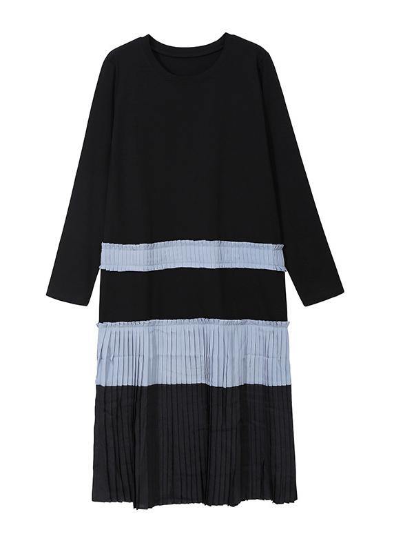 Modern blue cotton tunic top cotton patchwork pleated Dresses - SooLinen