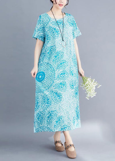 Modern blue print linen Long Shirts Organic Fabrics o neck side open Maxi Summer Dress - SooLinen